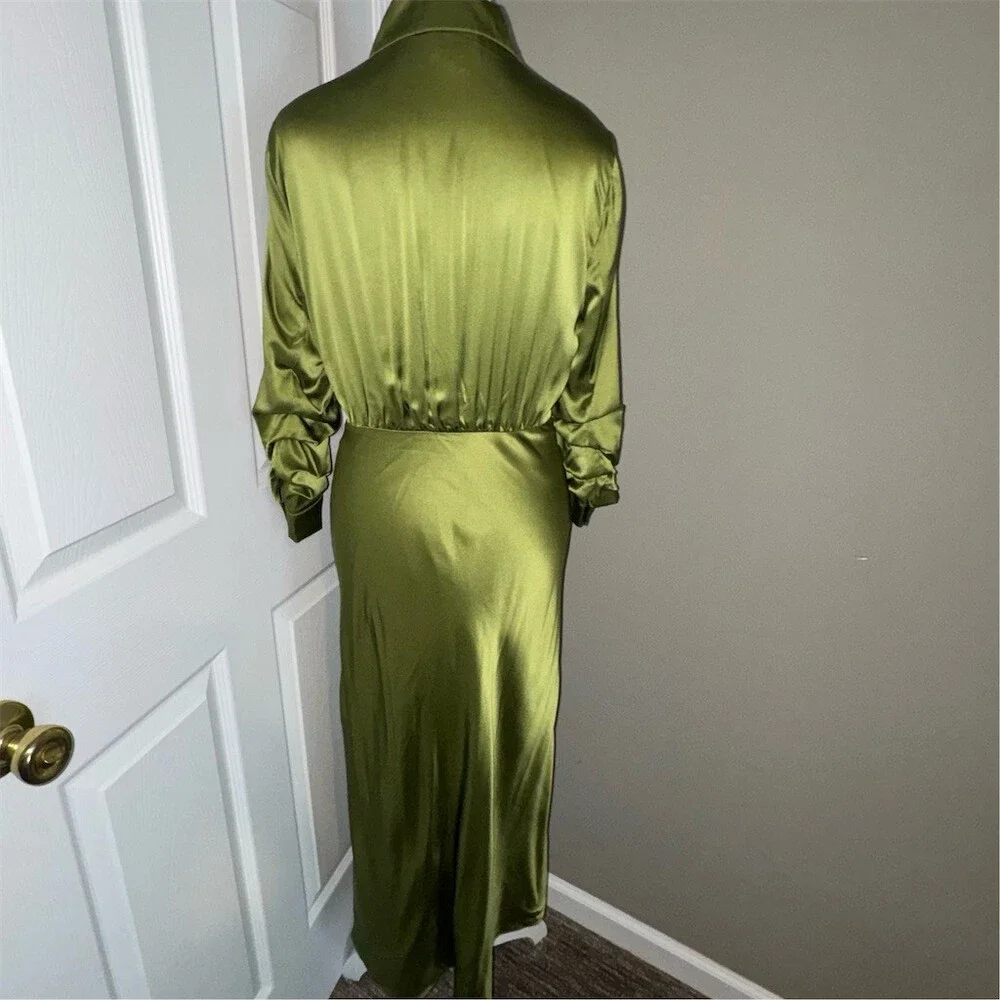 Cinq à Sept Jacey Silk Shirtdress Womens Size 6 Green Moss Tie-Waist Midi Luxe - Picture 6 of 15